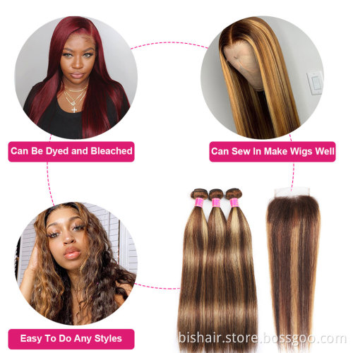 Wholesale Brown Highlight 4/27 Color Bone Straight Hair Bundles Brazilian Human Hair With 4X4 Transparent Closure Remy Hair